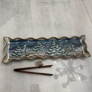 NWOT Handmade Artist Winter Tree Forest Christmas Holiday Serving Platter